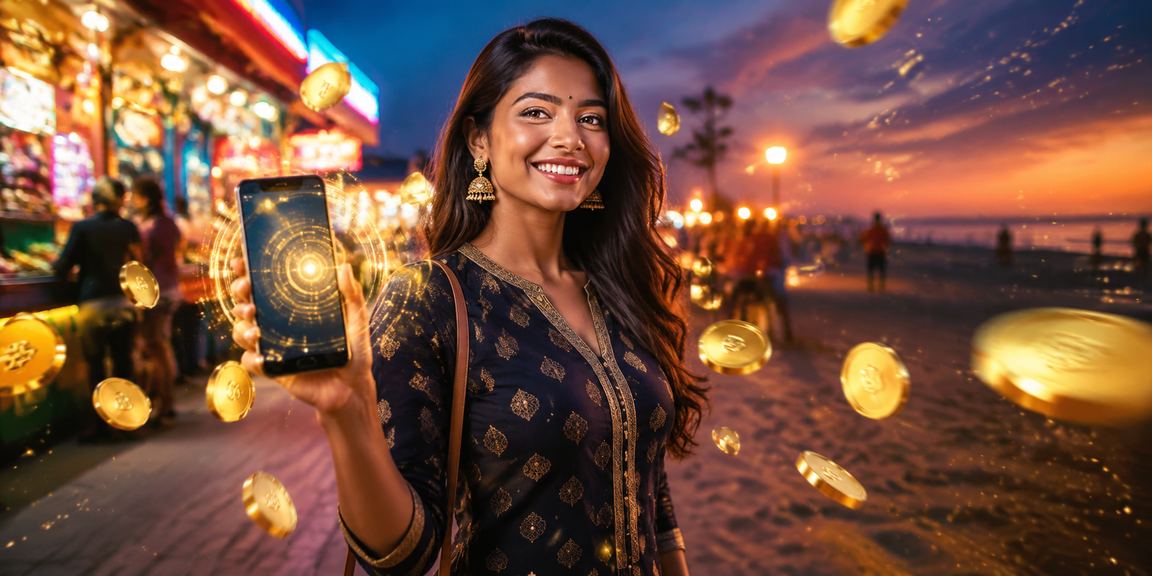 Chennai Marina Beach scene with mobile deposit for lottery gaming