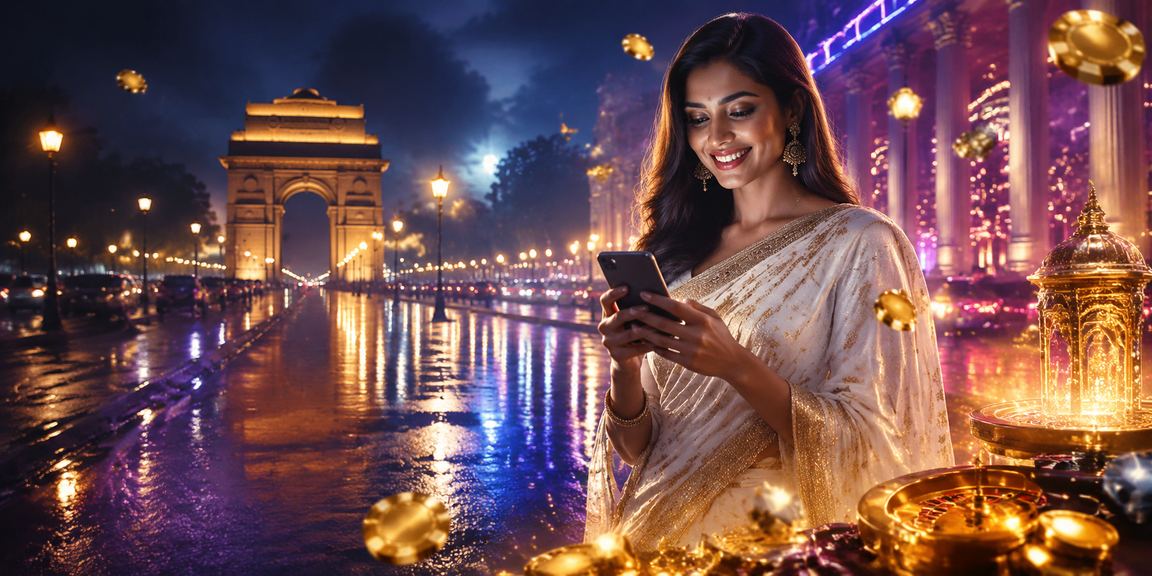 Delhi India Gate with mobile casino app user in traditional attire