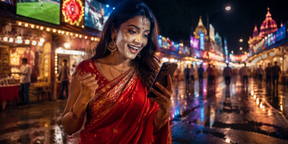 Indian woman using mobile app for secure online sports betting